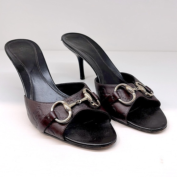 N-11. Gucci Horsebit Open Toe Slides Sandals Heels Dark Brown 8.5B - Picture 4 of 10